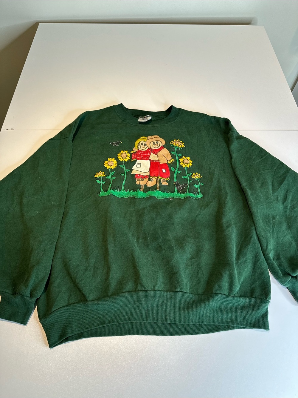 Jerzees Dark Green Crewneck Sweatshirt with Sunflower and Scarecrow Graphic